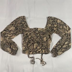 Kendall & Kylie Snakeskin Smocked Crop Top Long Sleeve Blouse